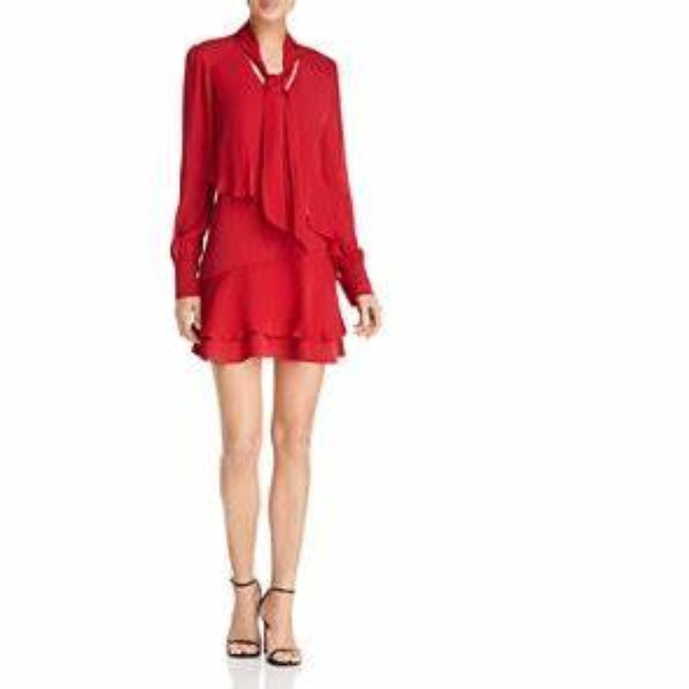 Parker Red Ruffled Tie-Neck Chiffon Women's Size S